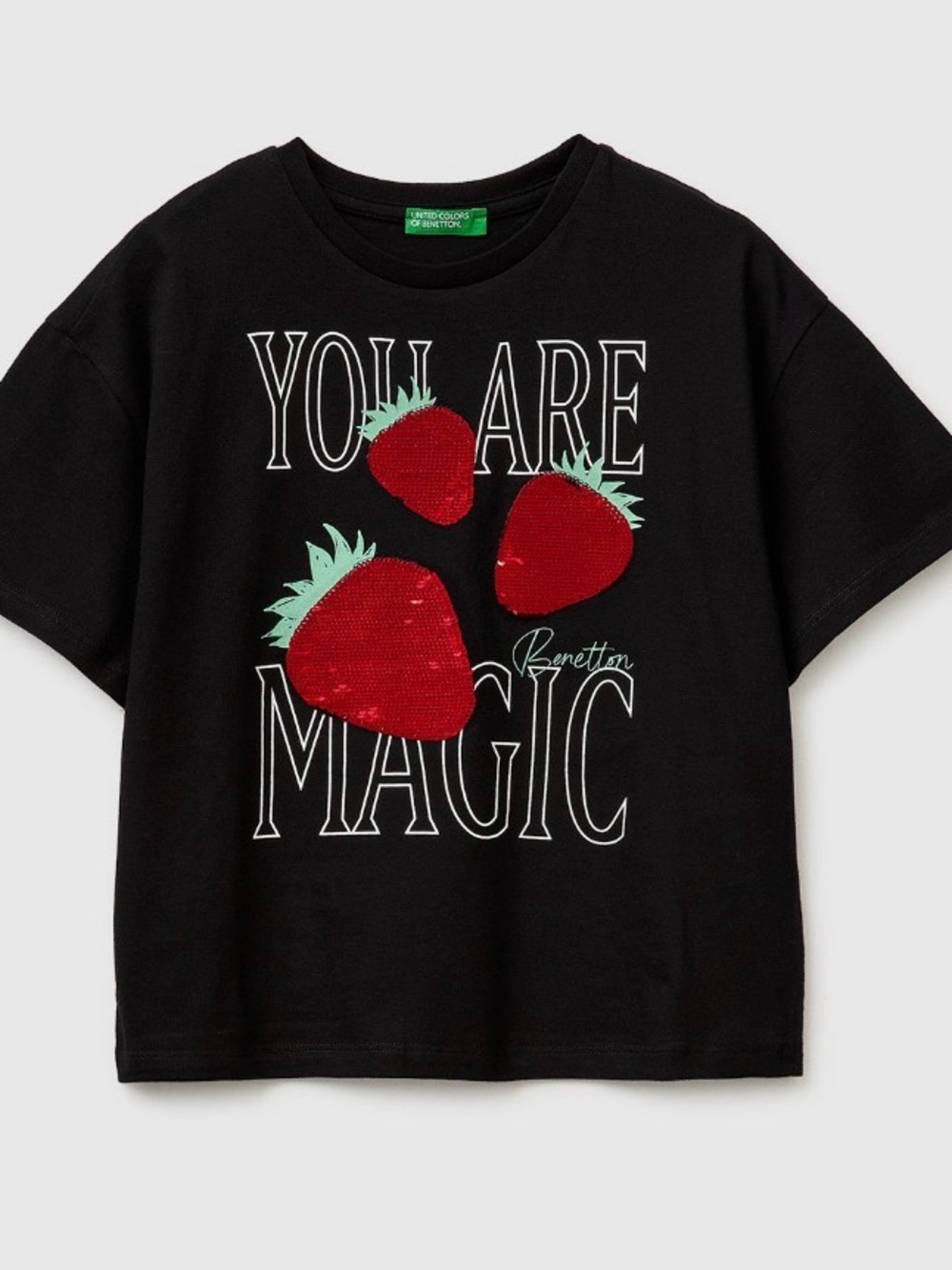 United Colors Of Benetton Black Tee with Red Sequin Strawberries